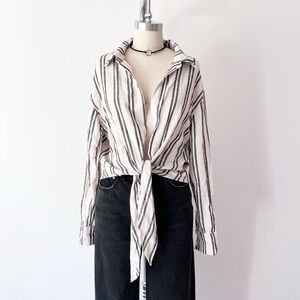 Calypso St.‎ Barth Black and Tan Striped Shirt with Tie Front Linen